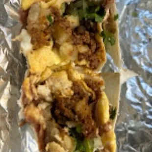 Chorizo, Egg, cheese, cilantro, onion taco