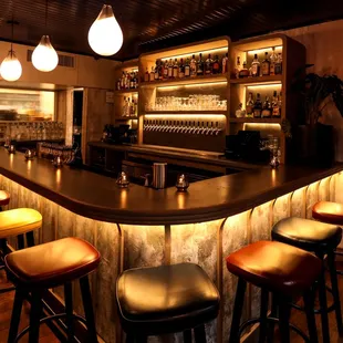 a bar with stools