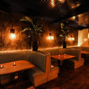 a dining area with a lot of seating