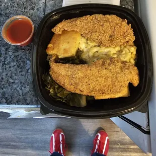 Catfish Soul Bowl with Fried Catfish, Macaroni &amp; Cheese, Collard Greens, &amp; Cornbread with Hot Sauce!