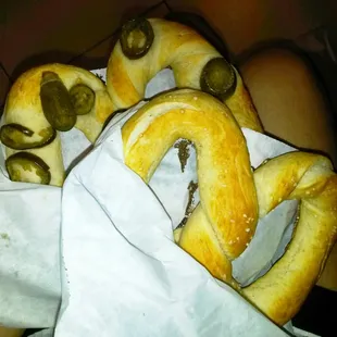 Jalapeño pretzel and salted pretzel made vegan. Freshly made and crispy on the bottom.