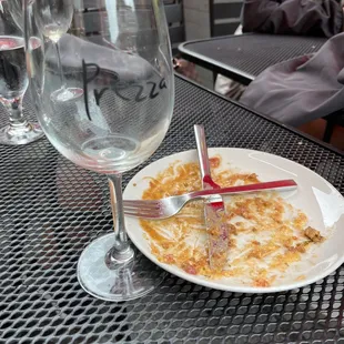 Empty wine glass and empty plate. Delicious meal!