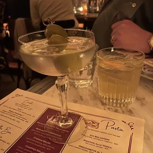 Dirty martini with blue cheese olives and white Negroni
