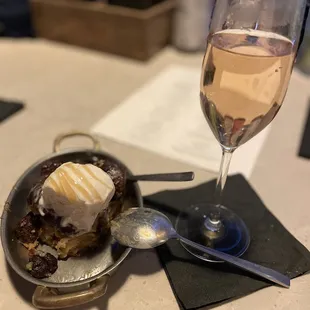 a dessert and a glass of wine