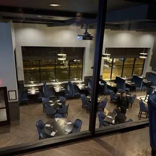 Looking down on the main dining floor from the upstairs private dining room