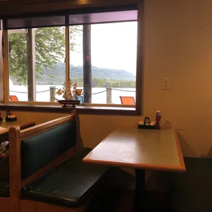 a view of the lake through a window