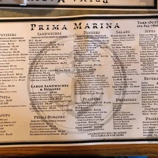 Menu at the Prima Marina.
