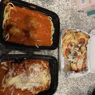 Spaghetti With Meat Balls, Beef Lasagna, Bruschetta