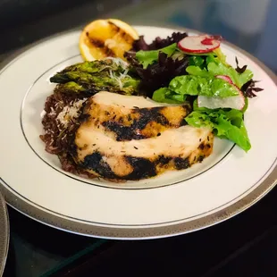 Organic Greens &amp; Shaved Radishes, Garlic Herb Chicken, Red Cargo Rice w&apos; Kaffir Lime &amp; Coconut, Asparagus w&apos; Charred Lemon &amp; Pecorino