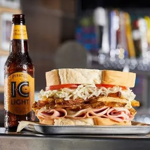 a sandwich and a beer