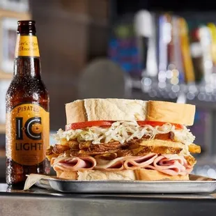 a sandwich and a beer