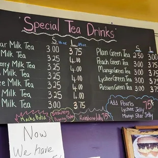 a menu for special tea drinks