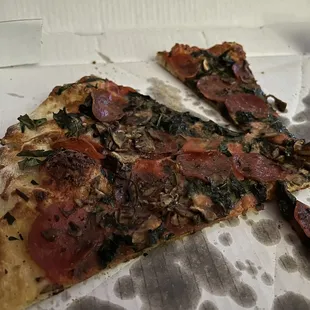 Pepperoni, mushroom, spinach pizza.