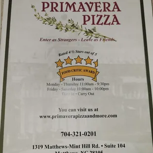 Front of Menu