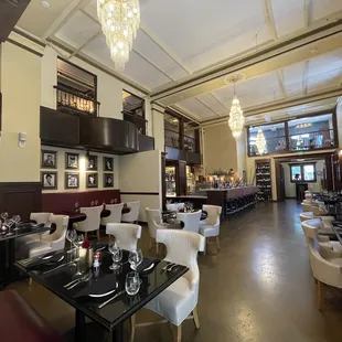 a restaurant with a long dining table