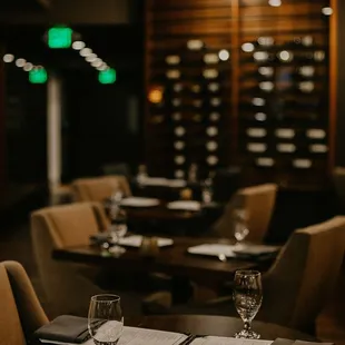 empty restaurant tables with empty wine glasses
