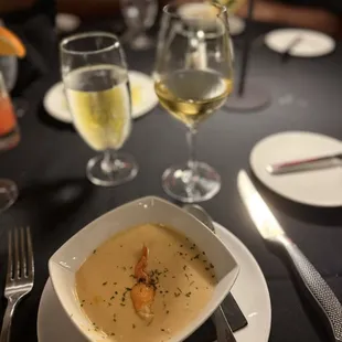 Lobster Bisque. Creamy and with a large chunk of lobster!