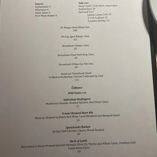 Prime Cuts and Entrees Menu