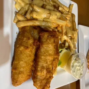 a plate of fish and chips and a hot dog