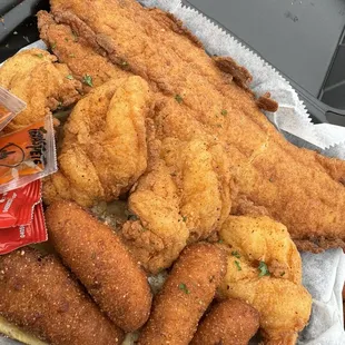 Fish and shrimp with hush puppies