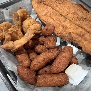 Fish and shrimp with hush puppies