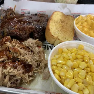 Pulled Pork, Ribs, Texas Toast, Corn, and Mac n' Cheese