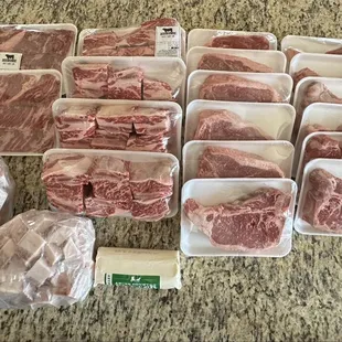 Ribeyes, butter, short ribs, skirt steak and pork belly