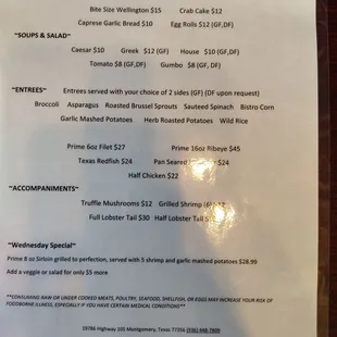 Dinner menu