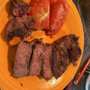The result...a lean and tender cut of bison paired with a beefsteak tomato.