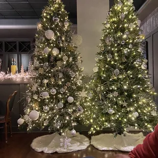 a man sitting at a table in front of christmas trees