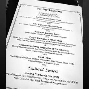 Valentine&apos;s Day menu.