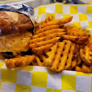 The prime burger and waffle fries with a light Cajun seasoning. Yum!