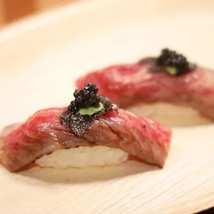 Wagyu Nigiri Special (A5 Wagyu, Black Truffle, Caviar)  Instagram: @andrewloves_
