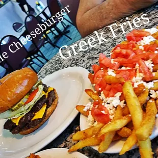 a plate of french fries and a cheeseburger