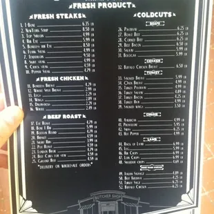 Price menu for steaks and cold cuts