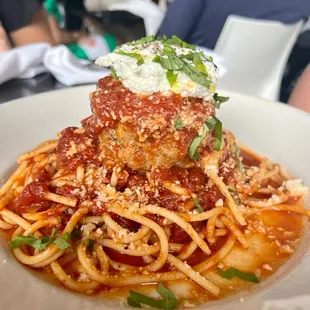 a plate of spaghetti and meatballs