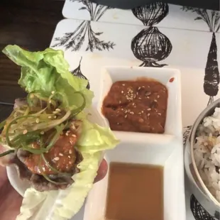 Lettuce wraps w brisket and their samjang dip