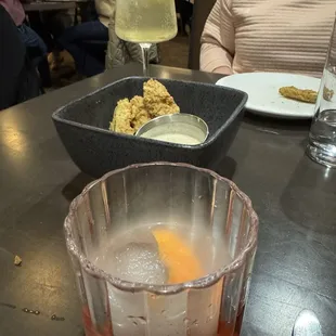Fried pickles and a nice attempt at a smoked old fashioned.