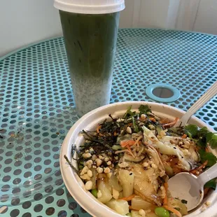 Salmon poke with a bunch of toppings and matcha green tea latte with oat milk. Delicious treat!