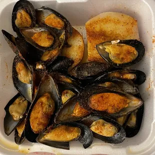 a container of mussels