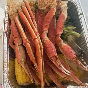 Seafood boil Crab legs, shrimp, broccoli, potatoes &amp; corn