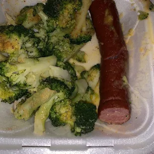 Broccoli Smoked Beef Sausage Link on same plate with mixed flavors NO