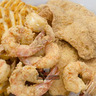 F2. Hand-breaded fish and shrimp with waffle fries.