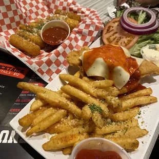 Chicken sandwich and mozzarella sticks