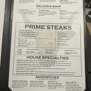a menu for prime steaks