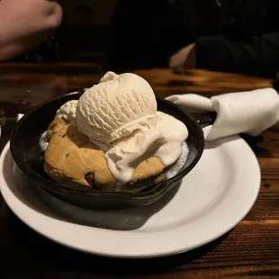 Soft skillet chocolate chip cookie with ice cream