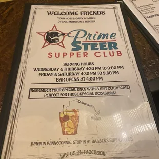 a menu for prime steer supper club