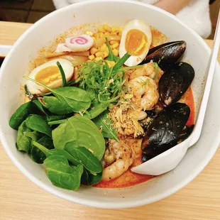 Seafood ramen with spicy tonkatsu broth