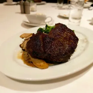 Ribeye over roasted mushrooms and broccoli.