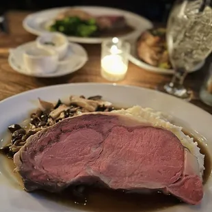Kings Cut Prime Rib with Mascarpone Mashed Potatoes and Roasted Mushrooms ($59) includes horseradish and au jus